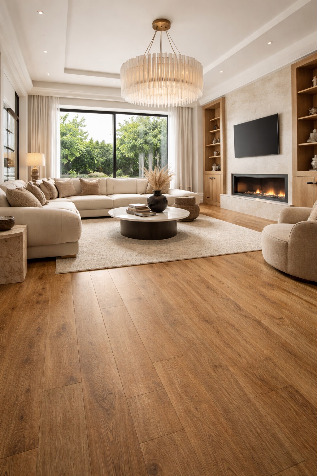 Luxury villa living room with Honey Oak SPC flooring